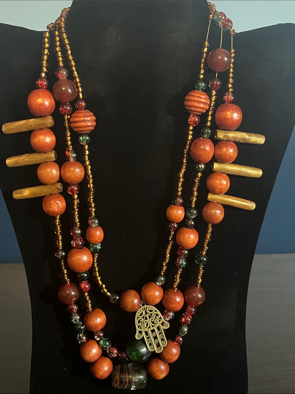 Handcrafted Hamsa Three-Strand Wood Bead Necklace